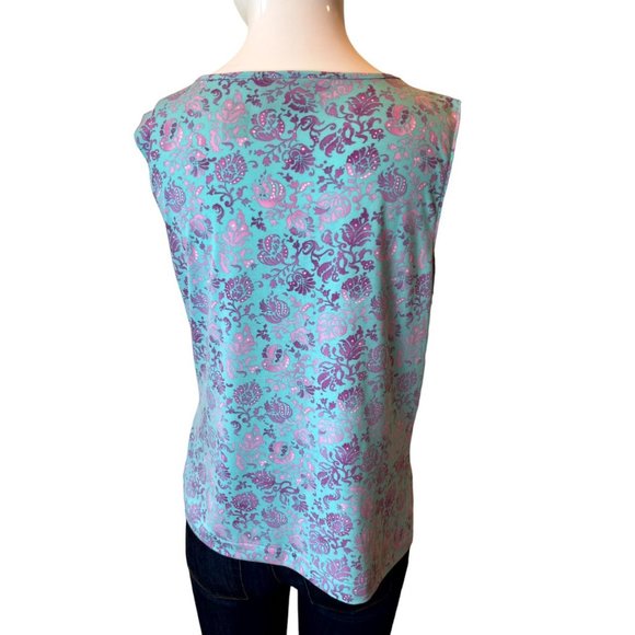 Axcess Women Wrap Blouse Top Leaf Print Sleeveless V Neck Purple Blue Size Large - Picture 2 of 6